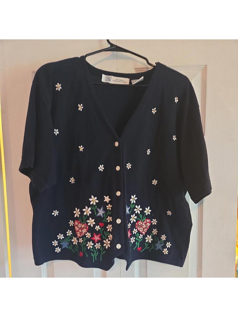 Vtg Studio Collection Cardigan Grandma Core Short Sleeve Embroidery Beads Floral